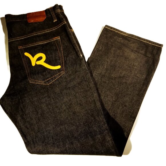 ROCAWEAR JEANS  Men's 38  Black Denim  Yellow Embroidered/Stitch  Straight  EUC - Picture 1 of 12
